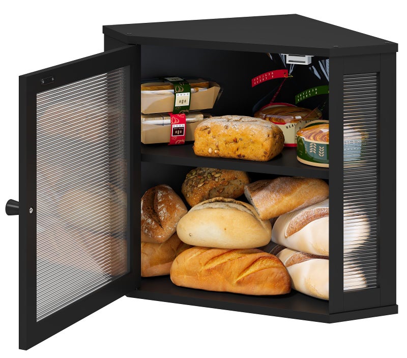 viewcare Corner Bread Box for Kitchen Counter, Bamboo Wood Black Bread Box, Large Capacity Bread Storage Bin with Acrylic Wavy Door Panel (Black, Meduim) - Image 3