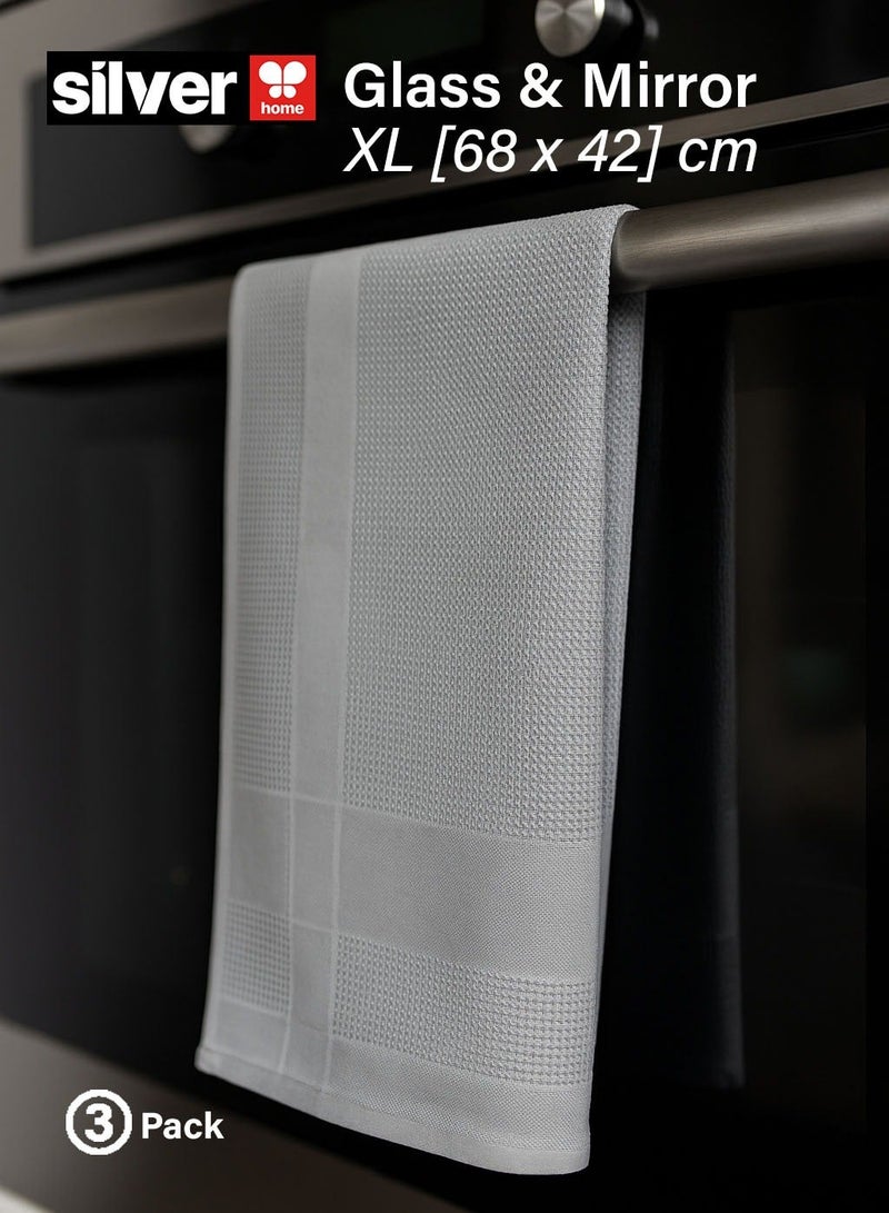 Silver Home Professional Decorative Large Microfiber Glass & Mirror Cleaning Cloths – Large 42x68 cm | Extra-thick, Tight-knit Fibers | High GSM | No Detergent Need | 3 Pack - Image 2