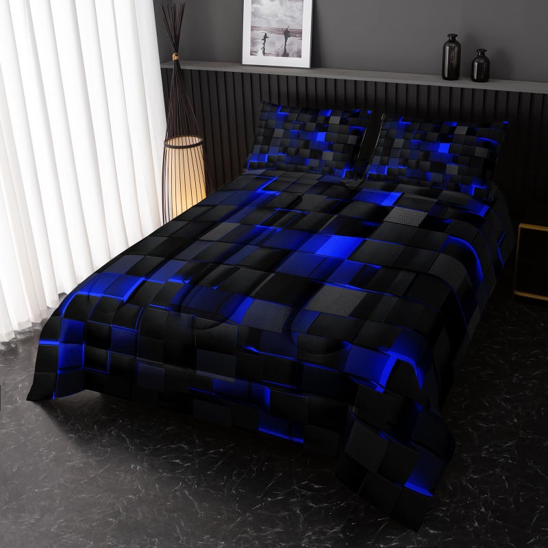 Nttopship Neon Blue Black Comforter Set King Geometric Kids Bedding Set,3 PCS Geometry Honeycomb Bed Set Modern Quilt Set 1 Comforter 2 Pillow Cases Cool Room Decor All Season B-Side Black - Image 2