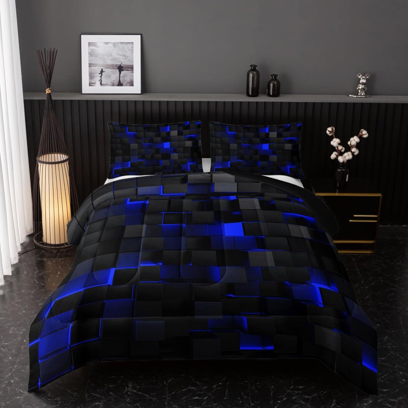 Nttopship Neon Blue Black Comforter Set King Geometric Kids Bedding Set,3 PCS Geometry Honeycomb Bed Set Modern Quilt Set 1 Comforter 2 Pillow Cases Cool Room Decor All Season B-Side Black - Image 1