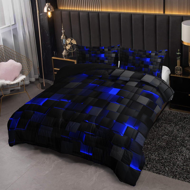 Nttopship Neon Blue Black Comforter Set King Geometric Kids Bedding Set,3 PCS Geometry Honeycomb Bed Set Modern Quilt Set 1 Comforter 2 Pillow Cases Cool Room Decor All Season B-Side Black - Image 4