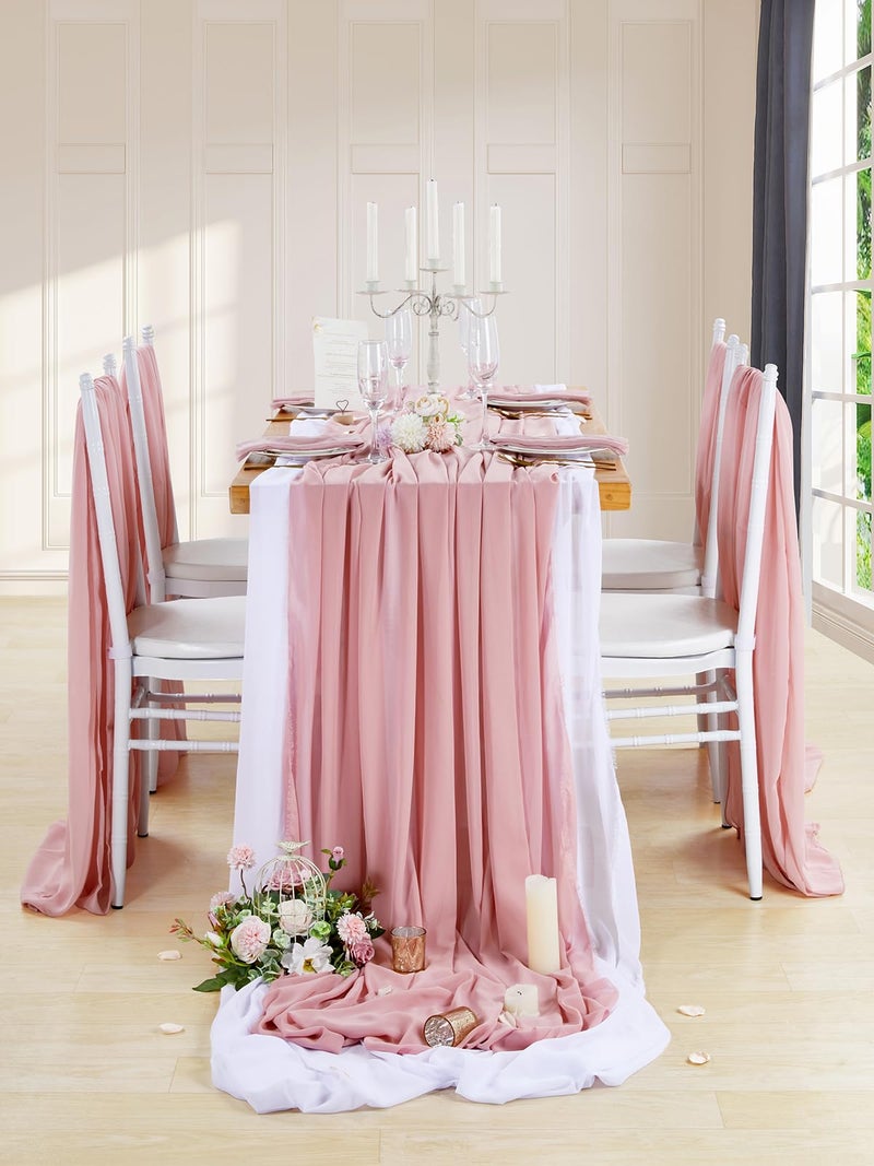 QueenDream 10FT Table Runners 27x120 Inches 5 Pieces Dusty Rose Chiffon Sheer Wedding Runner for Romantic Rustic Christmas Baby Shower Decorations - Image 1