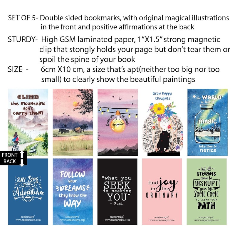 Antara Positive Affirmation Bookmarks with Quotes | Set of 5 | Digitised Handpaintings | Laminated Matte Finish | Best Gift for bibliophiles | 2.25" X 3.8" | Magnetic Clip Attachment - Image 2