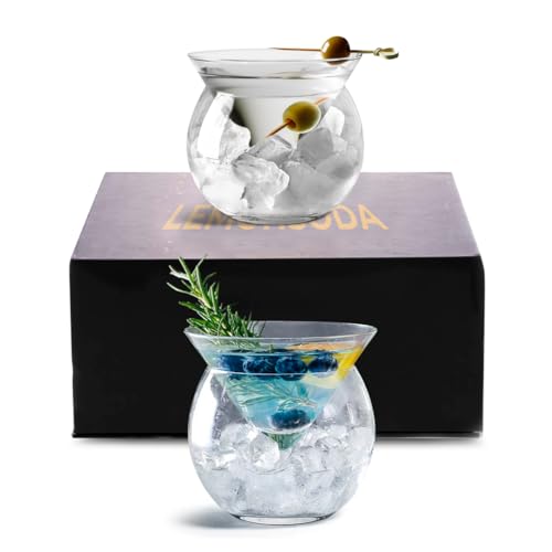 LEMONSODA Stemless Martini Glasses with Chiller Elegant Cocktail Glass Set with Caviar Server Bowl Beautiful Bar Martini Gift Set for Margarita Cosmopolitan Manhattan Cocktails Set of 2