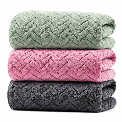 MAXOSHINE Microfiber Towels for Bath Large Size-Super Soft Coral Fleece Bathing Towel with Hook Quick Dry Super Absorbent-Bath Towel for Men and Women-70x140 cm 350 GSM (Green/Pink/Grey, Pack of 3) - Image 1