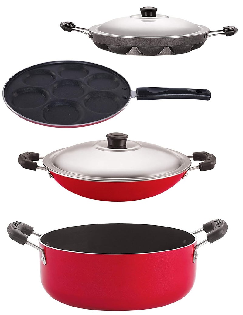 Nirlon Nirlon Non-Stick Aluminium Kitchenware Set Appa Chatti with Lid/Uttapam/Appam with Lid/Casserole - Set of 4, Multicolor - Image 1
