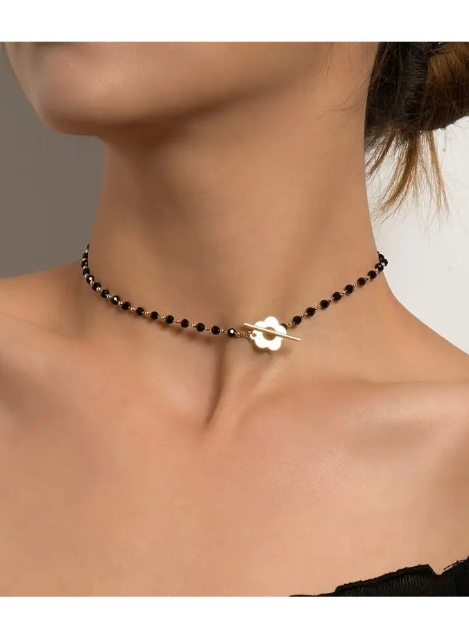 Goolsky Elegant Black Beaded Choker With Golden-Tone OT Clasp, Cute And Trendy Close-Fitting Necklace For Summer Party - Image 1