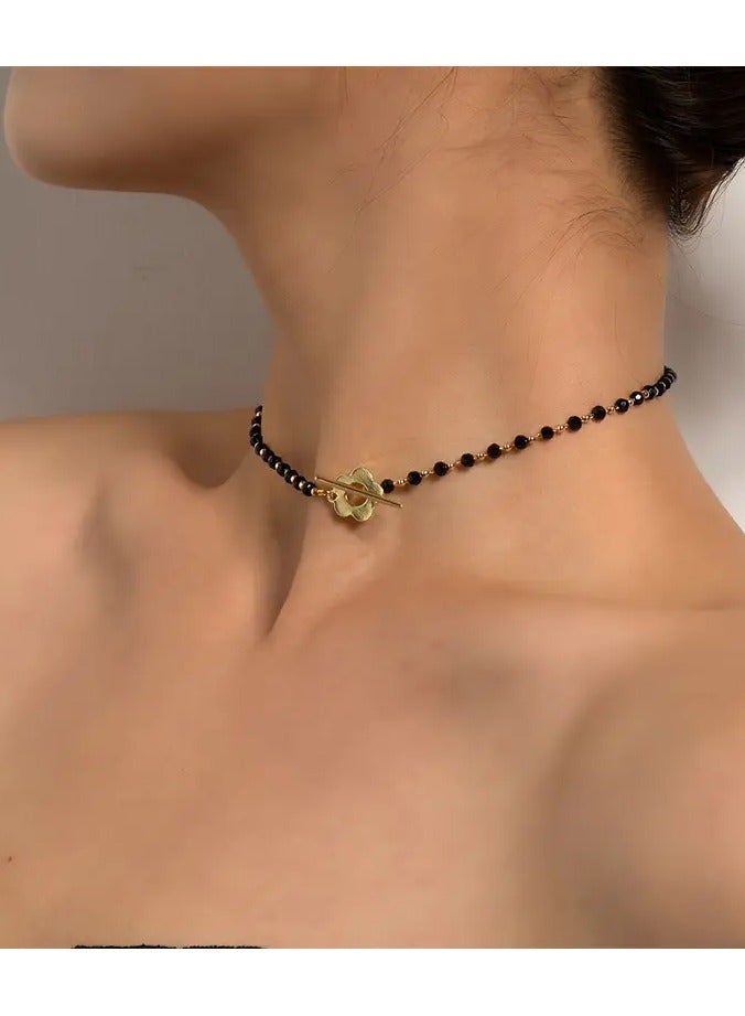 Goolsky Elegant Black Beaded Choker With Golden-Tone OT Clasp, Cute And Trendy Close-Fitting Necklace For Summer Party - Image 2