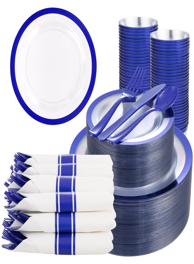 Liacere 350PCS Blue Plastic Plates - Clear with Blue Trim for 50Guests Dinnerware Include 100 Clear Plates disposable 150 Silverware 50Napkins for Wedding＆party&Graduation&Independence Day - Image 1