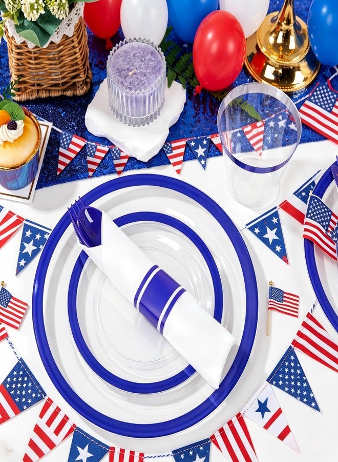 Liacere 350PCS Blue Plastic Plates - Clear with Blue Trim for 50Guests Dinnerware Include 100 Clear Plates disposable 150 Silverware 50Napkins for Wedding＆party&Graduation&Independence Day - Image 3