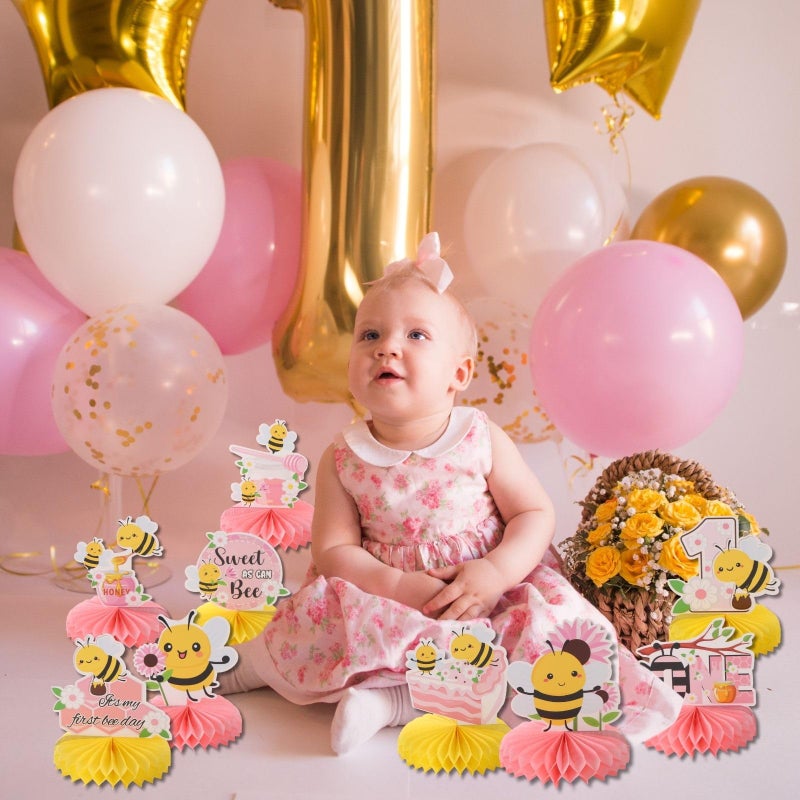 RANERVZ 9Pcs Happy 1St Bee Day Honeycomb Centerpieces Bumble Bee First Birthday Party Table Decorations Pink It'S My 1St Bee Day Table Centerpiece For Girl Baby Shower Sweet As Can Bee Table Topper Sign Decor - Image 3