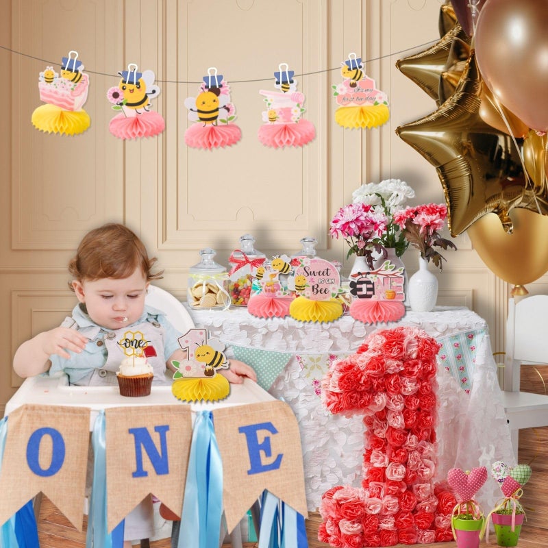 RANERVZ 9Pcs Happy 1St Bee Day Honeycomb Centerpieces Bumble Bee First Birthday Party Table Decorations Pink It'S My 1St Bee Day Table Centerpiece For Girl Baby Shower Sweet As Can Bee Table Topper Sign Decor - Image 4
