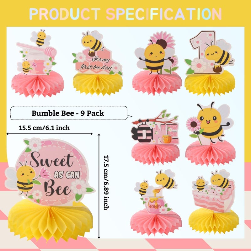 RANERVZ 9Pcs Happy 1St Bee Day Honeycomb Centerpieces Bumble Bee First Birthday Party Table Decorations Pink It'S My 1St Bee Day Table Centerpiece For Girl Baby Shower Sweet As Can Bee Table Topper Sign Decor - Image 2