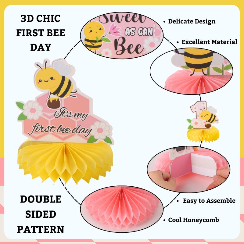 RANERVZ 9Pcs Happy 1St Bee Day Honeycomb Centerpieces Bumble Bee First Birthday Party Table Decorations Pink It'S My 1St Bee Day Table Centerpiece For Girl Baby Shower Sweet As Can Bee Table Topper Sign Decor - Image 5