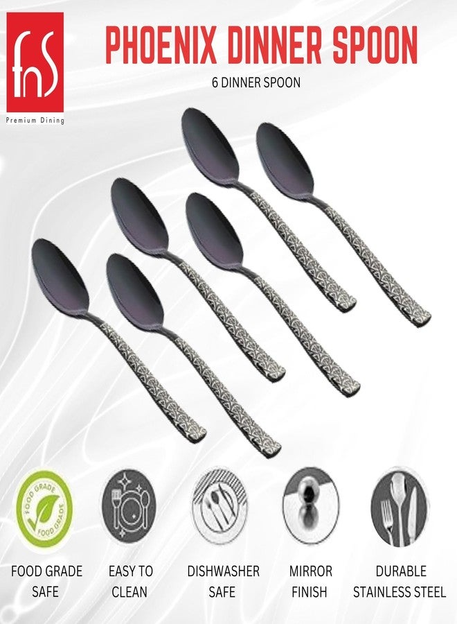 FnS Phoenix Stainless Steel Designer Black Dinner/Dessert Spoon | Ideal for Home, Restaurant and Kitchen |Elegant Design (6 PCs Dinner Spoon) - Image 2