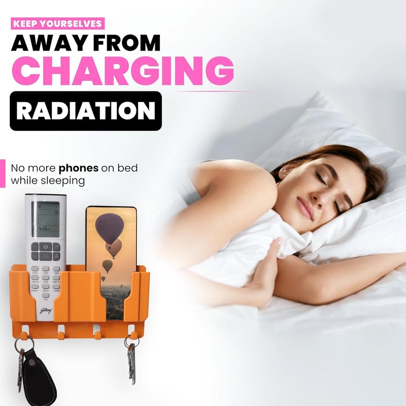 WALLVIEW TECH Plastic Wall Mount Mobile Holder with Remote Control Storage Racks, Key Hanger, Pen Holder Space/Self-Adhesive/Multi Purpose Accessories (Orange) - Image 2