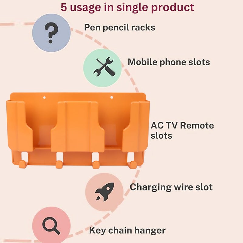 WALLVIEW TECH Plastic Wall Mount Mobile Holder with Remote Control Storage Racks, Key Hanger, Pen Holder Space/Self-Adhesive/Multi Purpose Accessories (Orange) - Image 3