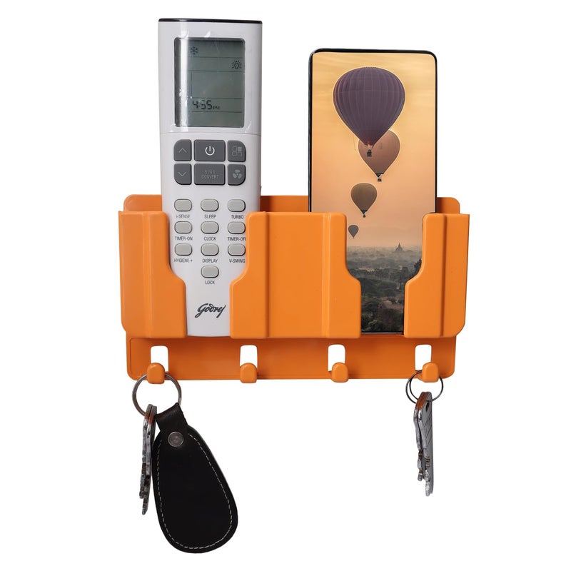 WALLVIEW TECH Plastic Wall Mount Mobile Holder with Remote Control Storage Racks, Key Hanger, Pen Holder Space/Self-Adhesive/Multi Purpose Accessories (Orange) - Image 1