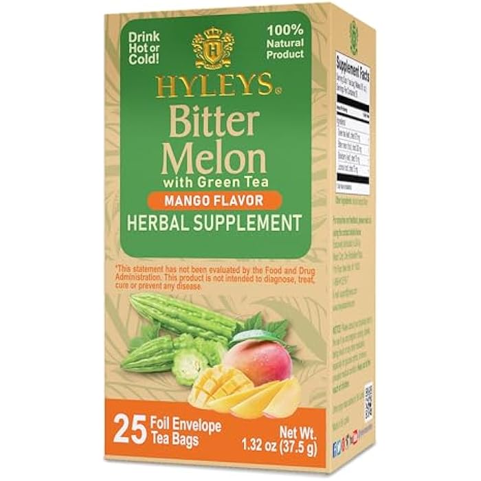 Hyleys Bitter Melon with Green Tea - Mango Flavor - 25 Tea Bags - Supports Healthy Liver Function - Herbal Supplement - (6 Pack - 150 Tea Bags Total) - Image 1