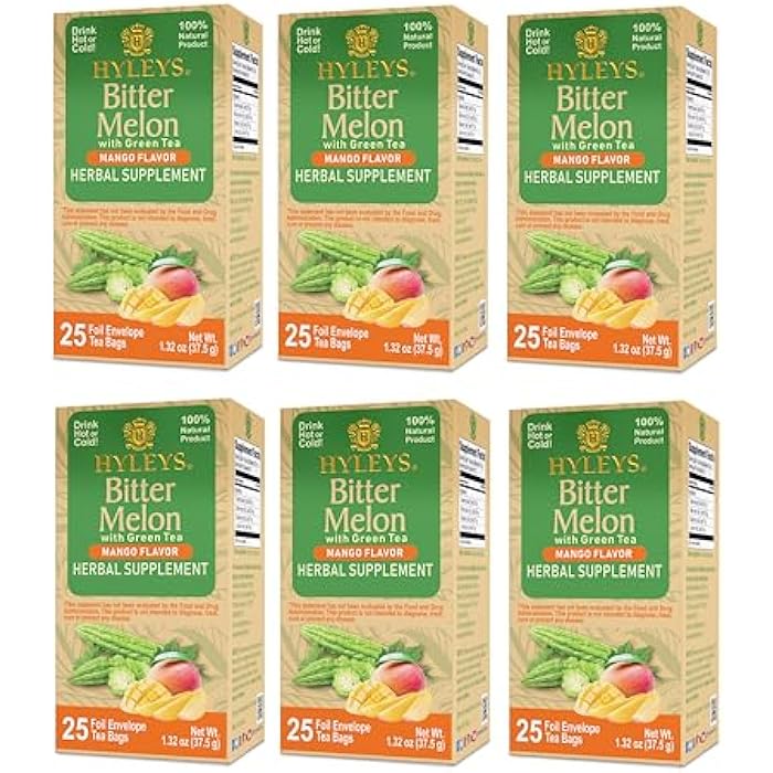Hyleys Bitter Melon with Green Tea - Mango Flavor - 25 Tea Bags - Supports Healthy Liver Function - Herbal Supplement - (6 Pack - 150 Tea Bags Total) - Image 3