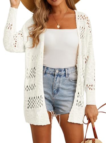 GRECERELLE 2025 Women Summer Crochet Boho Long Sleeve Lightweight Oversized Open Front Cardigan Sweaters Kimonos Tops, White, Large - Image 2