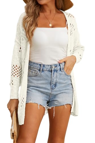 GRECERELLE 2025 Women Summer Crochet Boho Long Sleeve Lightweight Oversized Open Front Cardigan Sweaters Kimonos Tops, White, Large - Image 3