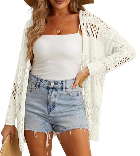 GRECERELLE 2025 Women Summer Crochet Boho Long Sleeve Lightweight Oversized Open Front Cardigan Sweaters Kimonos Tops, White, Large - Image 5