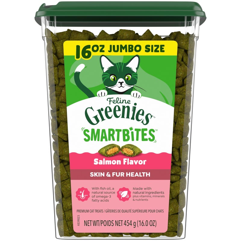 Greenies Cat Treats, Feline Smartbites, Skin & Fur Health, Crunchy and Soft Cat Treats, Salmon Flavor, 16 oz. Tub - Image 1