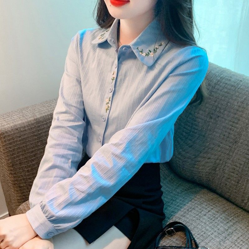 2024 Spring and Autumn new fashion age-reducing embroidered cotton shirt Womens fashionable cotton elegant all-match top women Blue - Image 1