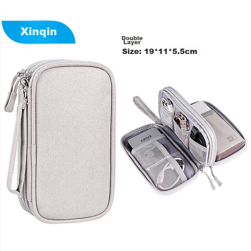 JD Jing Zao Xinqin Digital Bag Travel Data Cable Storage Pouch, Portable Power Bank Earphone USB Drive Charging Case Organizer, Gray Double-Layer - Image 1