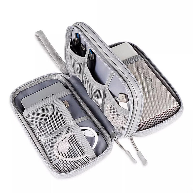 JD Jing Zao Xinqin Digital Bag Travel Data Cable Storage Pouch, Portable Power Bank Earphone USB Drive Charging Case Organizer, Gray Double-Layer - Image 3