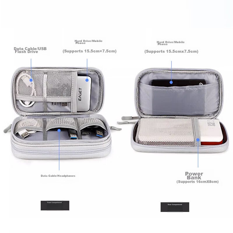 JD Jing Zao Xinqin Digital Bag Travel Data Cable Storage Pouch, Portable Power Bank Earphone USB Drive Charging Case Organizer, Gray Double-Layer - Image 4