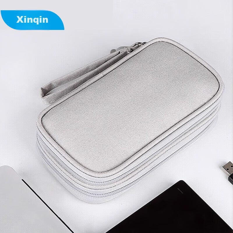 JD Jing Zao Xinqin Digital Bag Travel Data Cable Storage Pouch, Portable Power Bank Earphone USB Drive Charging Case Organizer, Gray Double-Layer - Image 2