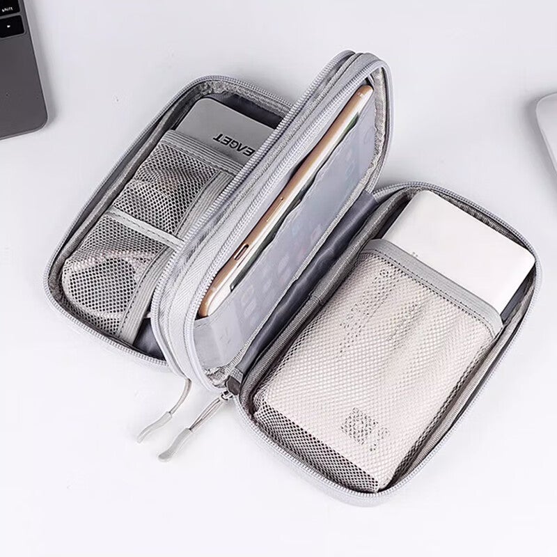 JD Jing Zao Xinqin Digital Bag Travel Data Cable Storage Pouch, Portable Power Bank Earphone USB Drive Charging Case Organizer, Gray Double-Layer - Image 5