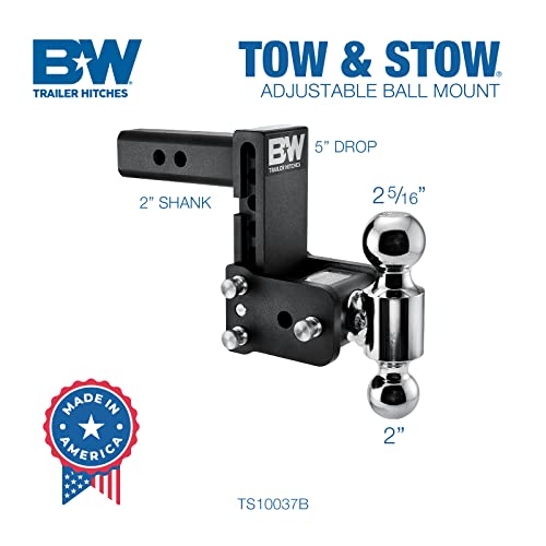 B&W Trailer Hitches وصلة سحب قابلة للتعديل من B&W - تناسب موصل 2" ، كرة مزدوجة (2" x 2-5/16"), 5" انخفاض, 10,000 GTW - TS10037B - Image 2