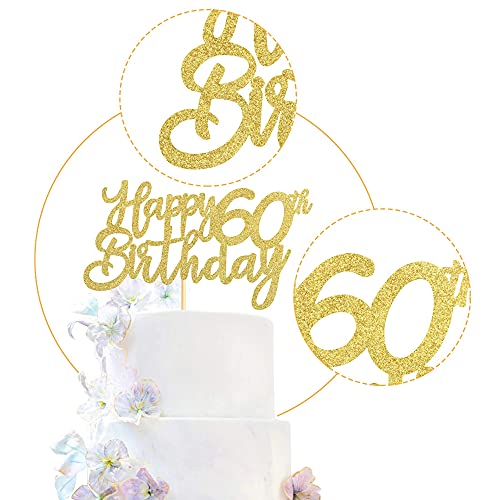 Festiko®Gold Glitter 60th Happy Birthday Cake Topper Adult Food Picks for Celebrating Sixty Years Old Birthday Anniversary Party Decorations Supply - Image 4