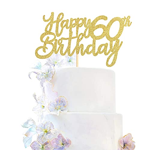 Festiko®Gold Glitter 60th Happy Birthday Cake Topper Adult Food Picks for Celebrating Sixty Years Old Birthday Anniversary Party Decorations Supply - Image 1