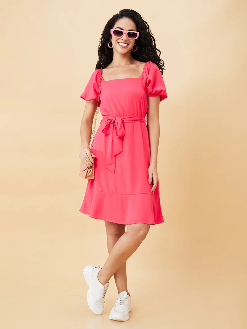 globus Globus Women Pink Square Neck Puff Sleeves Fit & Flare Dress