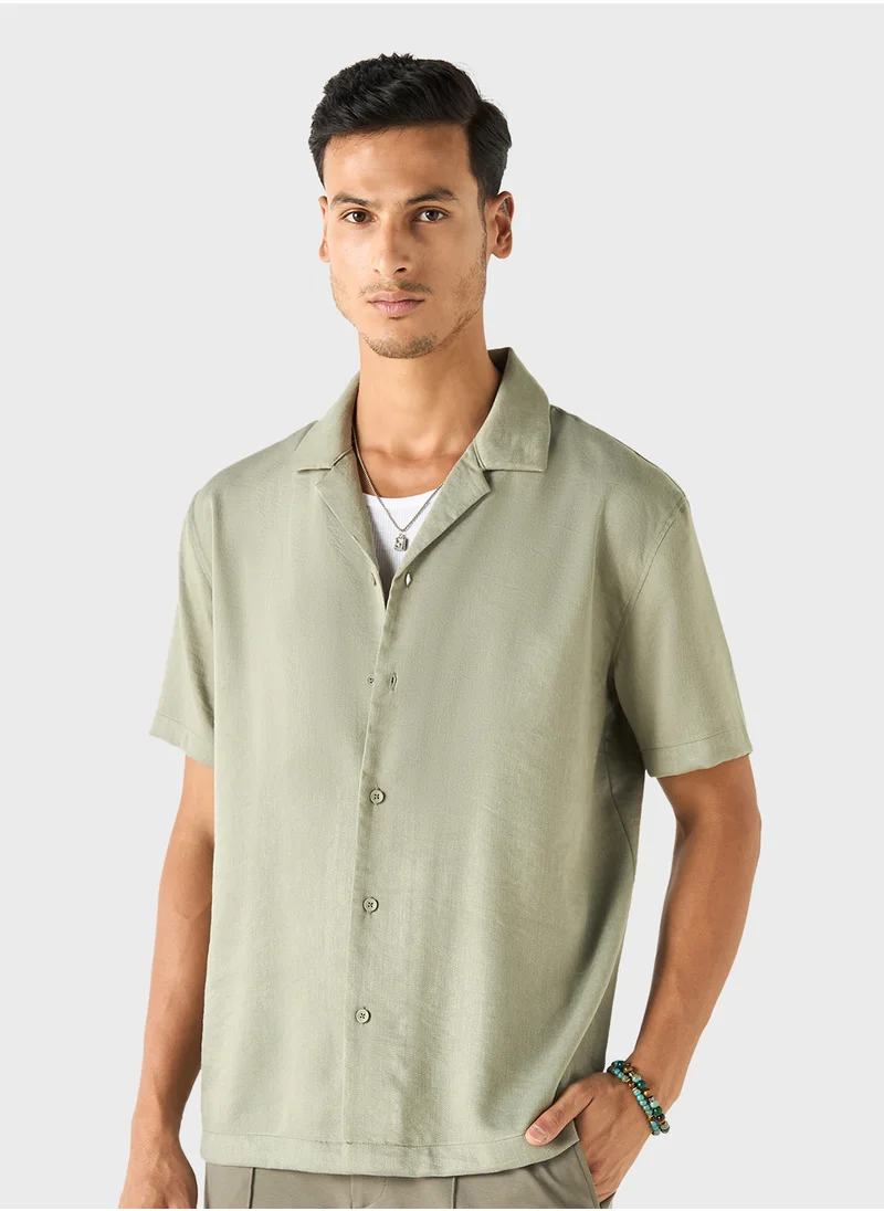 ايكونيك Iconic Relaxed Fit Textured Shirt with Camp Collar