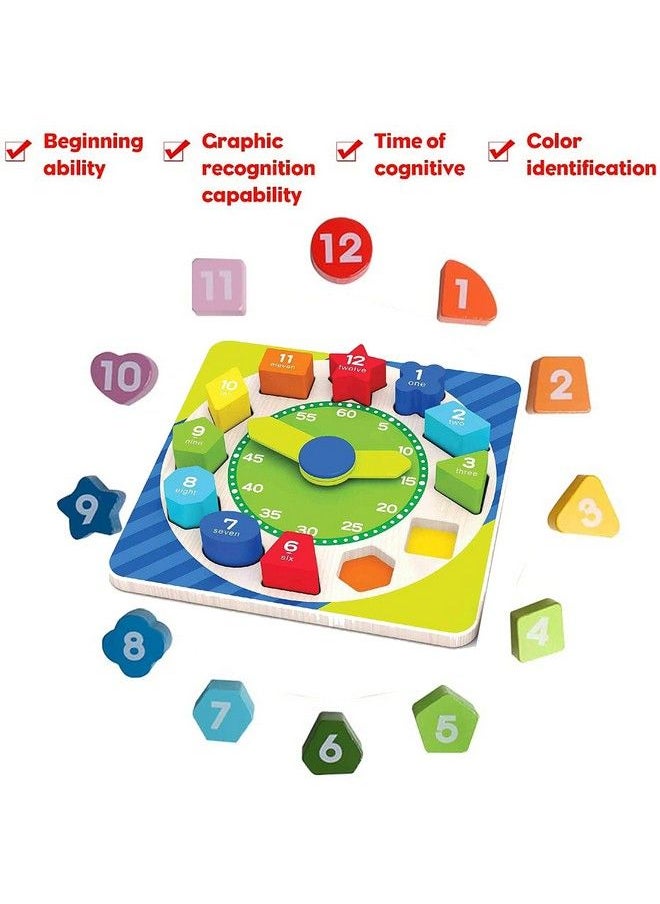 Smoneo - Wooden 3D Shape Sorting Blocks Teaching Clock With Geometry Shapes And Numbers Time Number Puzzle Early Learning Educational Toy Gift For Year Old Kids Clock 1 2 3 Toddler Baby - Image 1