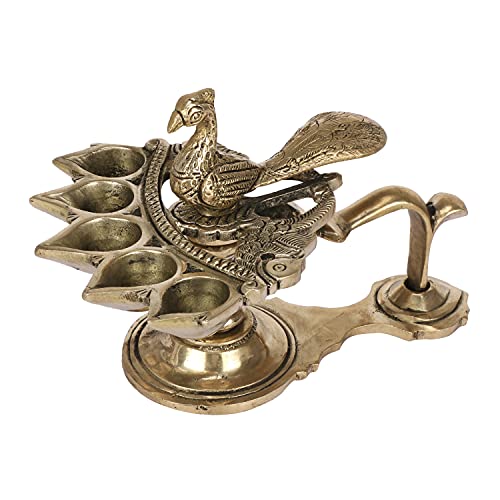 Kartique Brass Panch Arti Diya with Peacock Design, 5-inch Height, Antique Finish, Ideal for Home Puja and Festive Decor - Image 1