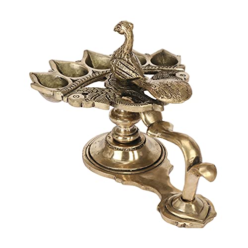 Kartique Brass Panch Arti Diya with Peacock Design, 5-inch Height, Antique Finish, Ideal for Home Puja and Festive Decor - Image 4