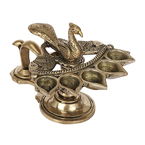 Kartique Brass Panch Arti Diya with Peacock Design, 5-inch Height, Antique Finish, Ideal for Home Puja and Festive Decor - Image 3