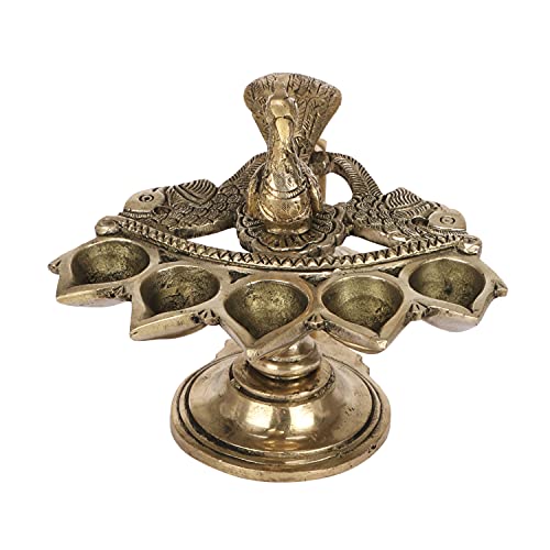 Kartique Brass Panch Arti Diya with Peacock Design, 5-inch Height, Antique Finish, Ideal for Home Puja and Festive Decor - Image 2