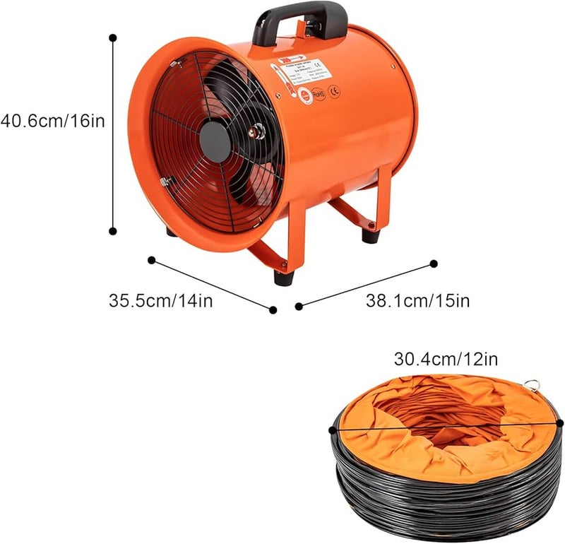 12 Inch Industrial Blower Fan 520W High Velocity Ventilator with 16ft PVC Duct IP44 Waterproof - Image 3
