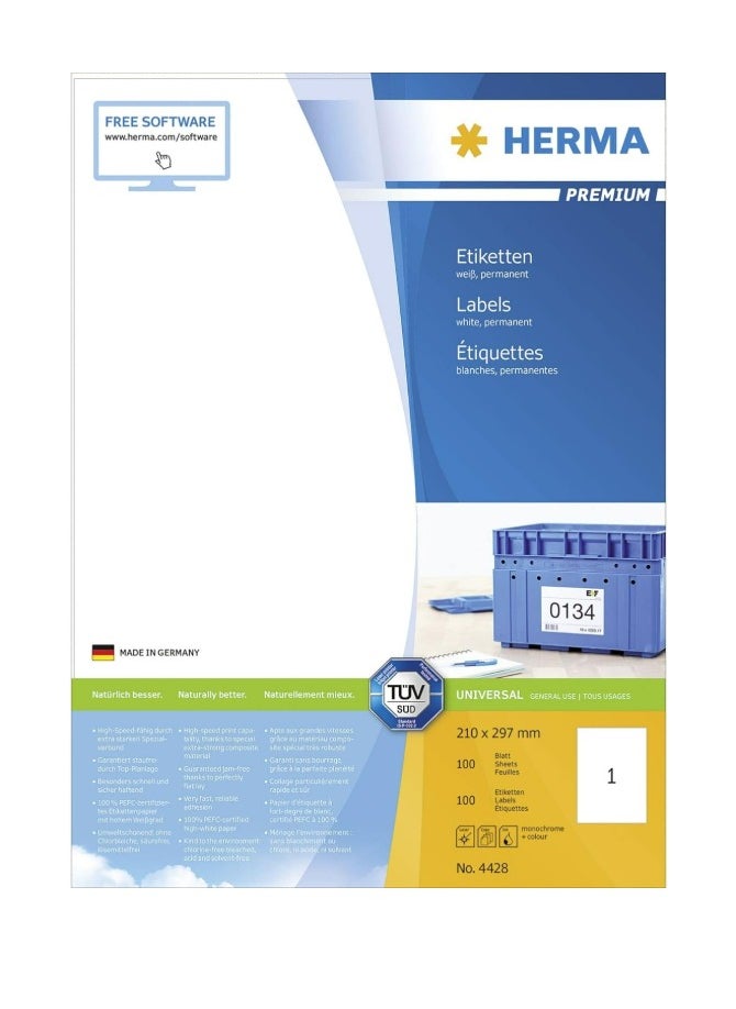 Herma Herma Self-Adhesive Multipurpose Labels, 1 Label Per A4 Sheet, 100 Labels for Laser and Inkjet Printers, Large, 210 x 297mm (4428)  - Image 1