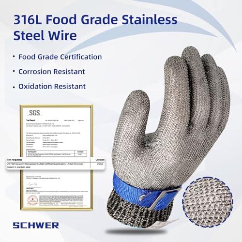 Schwer SlicePro ANSI A9 Cut Resistant Glove PR1706, Stainless Steel Mesh Metal Glove, Food Grade for Kitchen Cooking, Butcher Meat Cutting, Oyster Shucking, Mandoline, Non-PFAS (L, 1 PCS) - Image 3