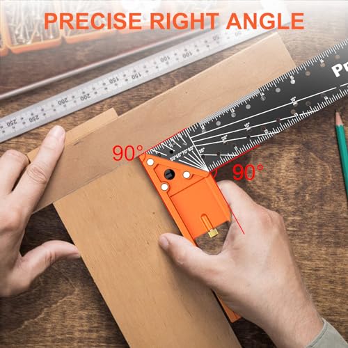 Preciva 12” Woodworking Square Ruler - Preciva Right Angle Ruler Carpenter Square Layout Tool, Features Stainless Steel Blade, Retractable Ledge, 1/16” and 1/32” Notch Spacing and Multi-Angle Scribe Mark - Image 4