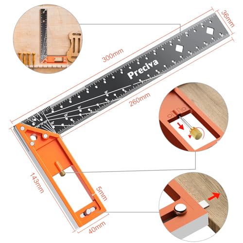 Preciva 12” Woodworking Square Ruler - Preciva Right Angle Ruler Carpenter Square Layout Tool, Features Stainless Steel Blade, Retractable Ledge, 1/16” and 1/32” Notch Spacing and Multi-Angle Scribe Mark - Image 5