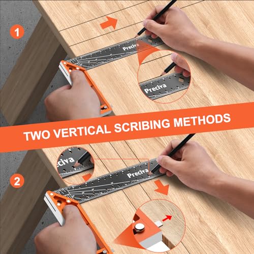 Preciva 12” Woodworking Square Ruler - Preciva Right Angle Ruler Carpenter Square Layout Tool, Features Stainless Steel Blade, Retractable Ledge, 1/16” and 1/32” Notch Spacing and Multi-Angle Scribe Mark - Image 3